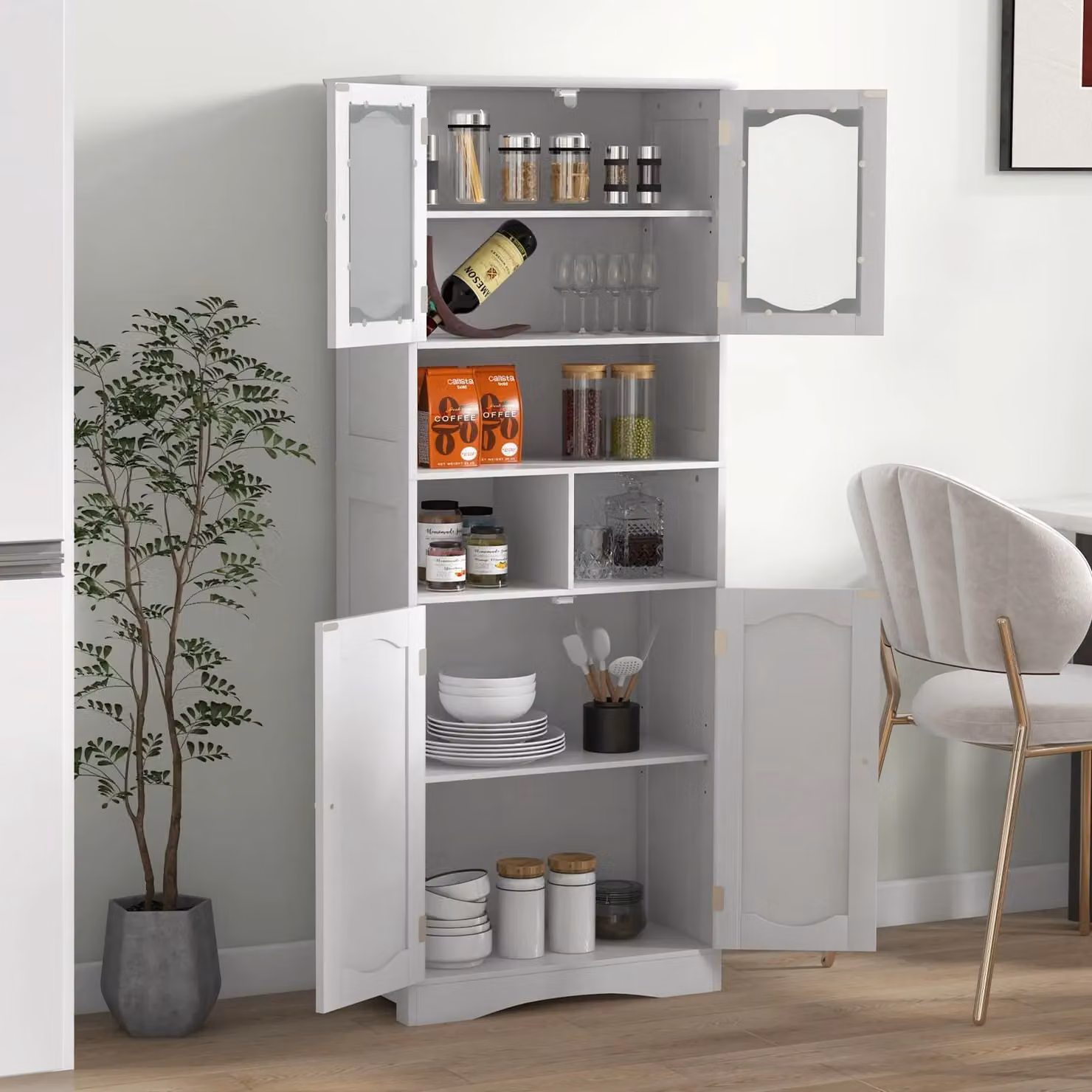 Gymax Freestanding Tall Bathroom Cabinet with Glass Doors and Adjustable Shelves in White – 3