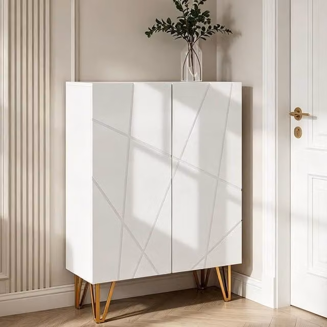 ERGOVEXA Modern High Gloss Narrow Freestanding Shoe Cabinet in White with Soft-Close Hinged Doors