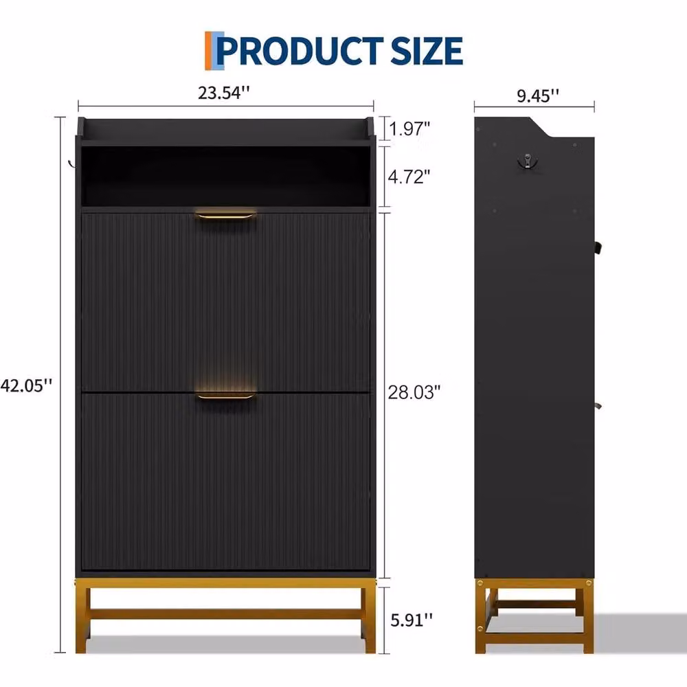 VOGREX Narrow Black Matt Shoe Cabinet with 2 Tilting Compartments and Internal Shelves – 2