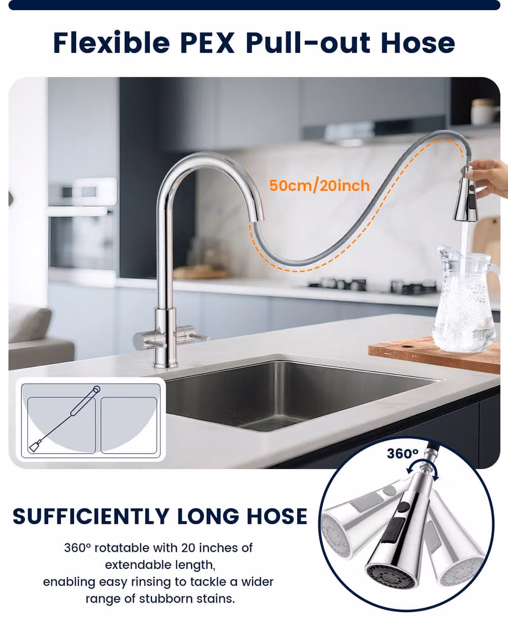 Dayone Sleek Dual Lever Kitchen Tap in Silver Stainless Steel with Pull Out Spray Spout and 360 Degree Swivel – 6