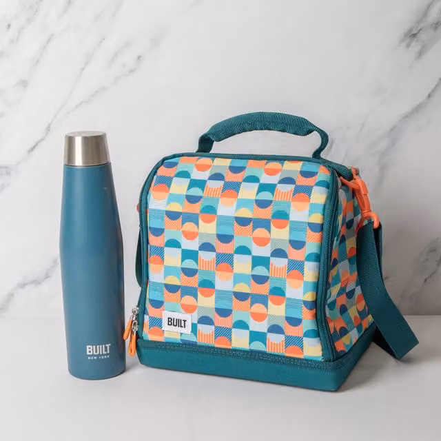Built 2-Piece Retro Lunch Set with 540ml Vacuum Insulated Stainless Steel Bottle and 8L Bag in Blue and Multicolour