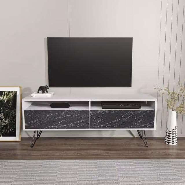 Decorotika Flay Modern TV Unit in White and Black Marble Effect