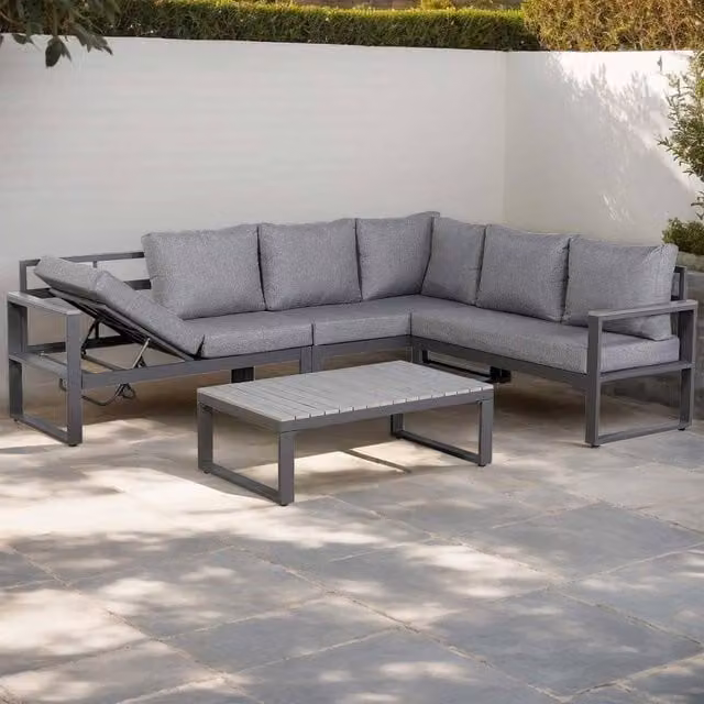 Furnishings For Less UK Modern L-Shaped Right Hand Facing Outdoor Garden Furniture Set in Grey with Powder Coated Aluminium Frame and Upholstered Cushions including Coffee Table
