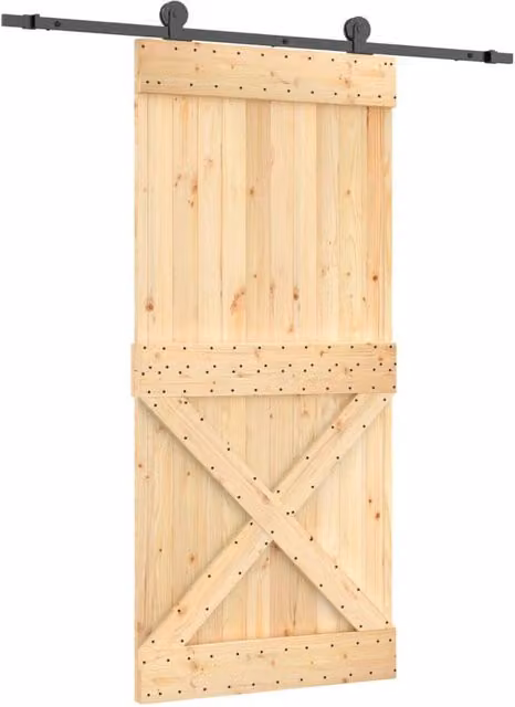 Berkfield Home Rustic Solid Wood Pine Sliding Door with Hardware Set, Natural/Beige, W: 95 cm, H: 210 cm