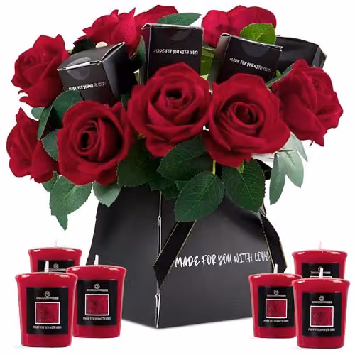 DECO EXPRESS Rose Scented Votive Candle and Artificial Flower Gift Set in Red and Multicolour – 1