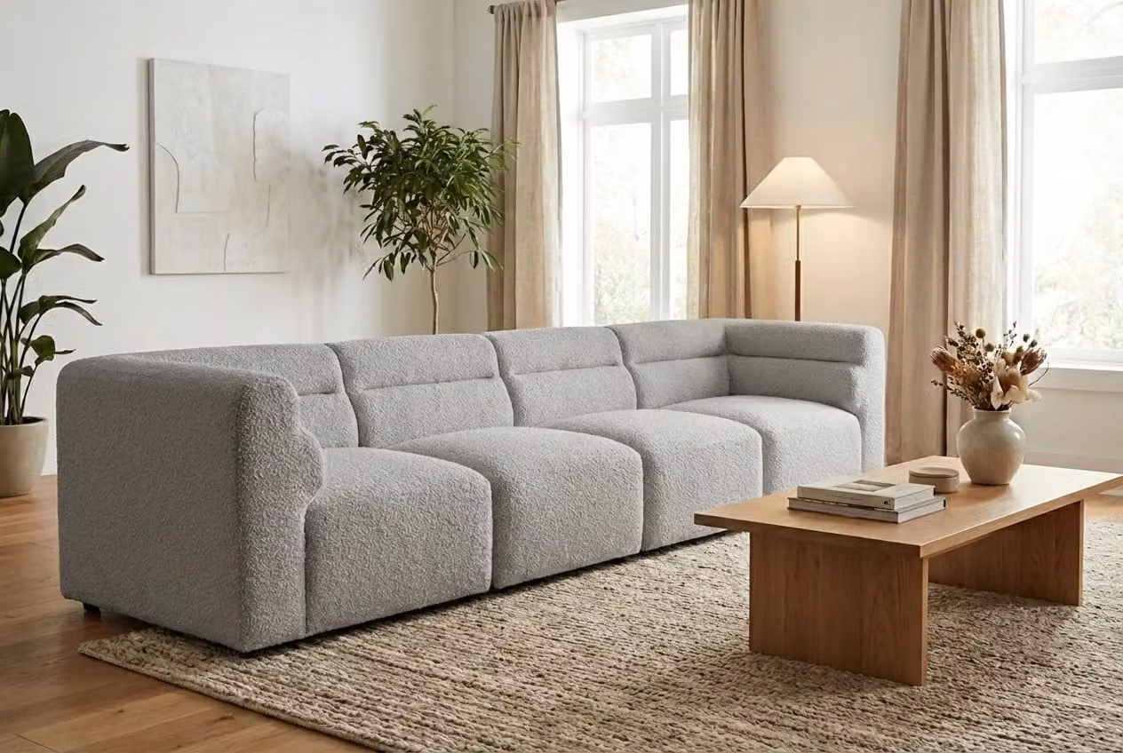 Araco Atelier Atlas 3 Seater Modern Linear Upholstered Bouclé Sofa in Beige or Grey
