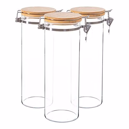 Argon Tableware Transparent Glass Storage Jars with Airtight Wooden Clip Lids, 1.75 l, Pack of 6 – 1