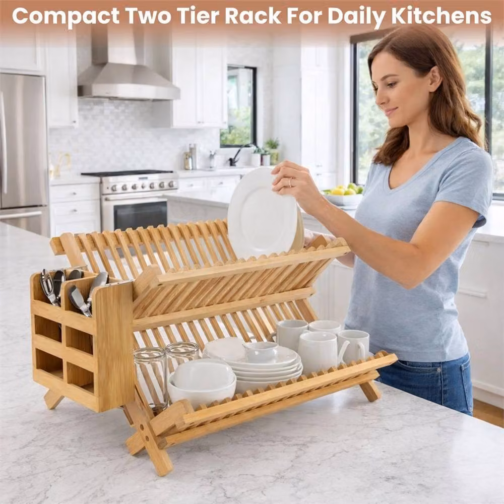 Nordara Bamboo 2 Tier Folding Dish Drying Rack with Cutlery Holder in Brown – 3