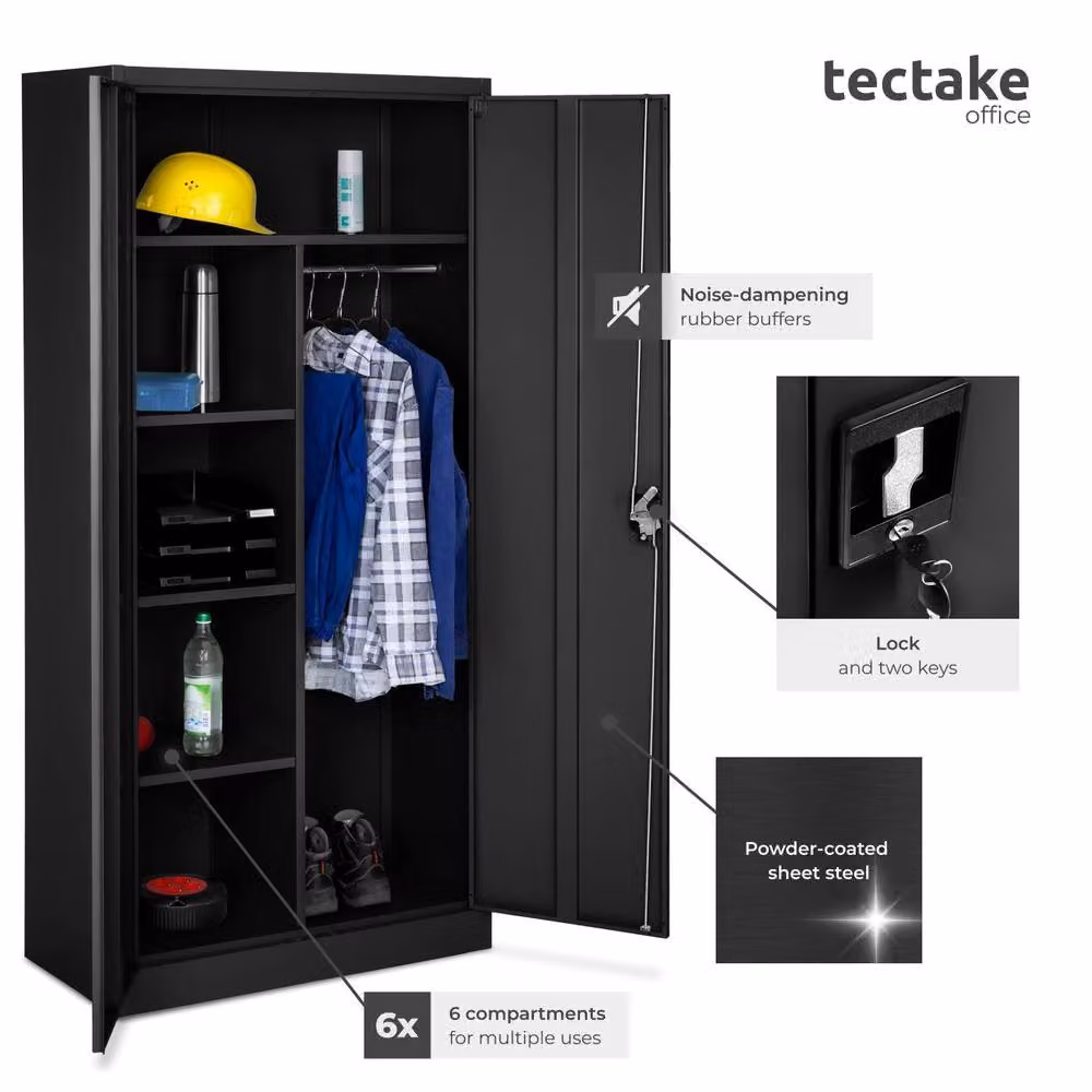 tectake Modern Metal Filing Cabinet in Matt Black with Hinged Doors and Lock, H 180 x W 80 x D 40 cm – 5