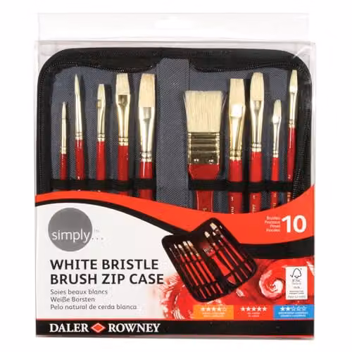 Daler-Rowney Simply Oil Brush Set with 10 Assorted White Bristle Short Handle Brushes in a Multicolour Zip Case