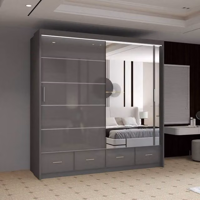 Sliding Wardrobes 4U Luxury High Gloss Grey Sliding Wardrobe with Integrated LED Lighting, W: 203 cm, H: 220 cm