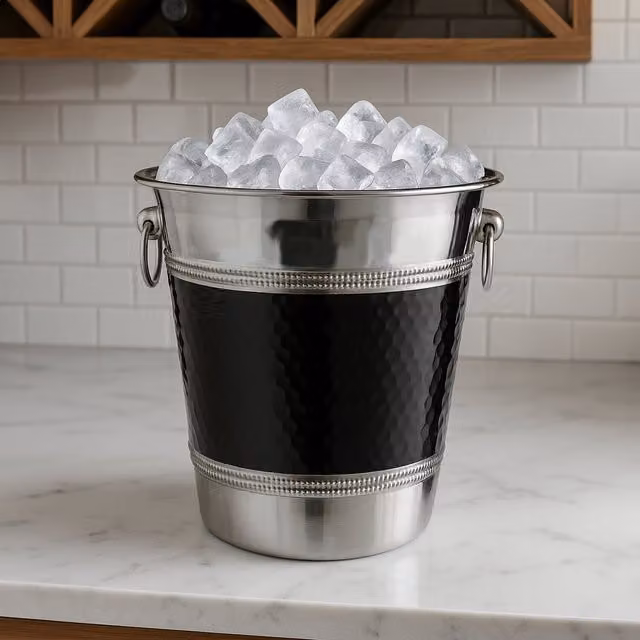 Orsina Mixology Hammered Stainless Steel Champagne Bucket with Black Band in Silver and Black