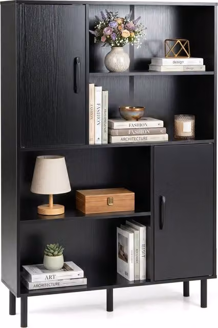 Costway Black Cube Storage Cabinet with Hinged Doors and Open Shelves