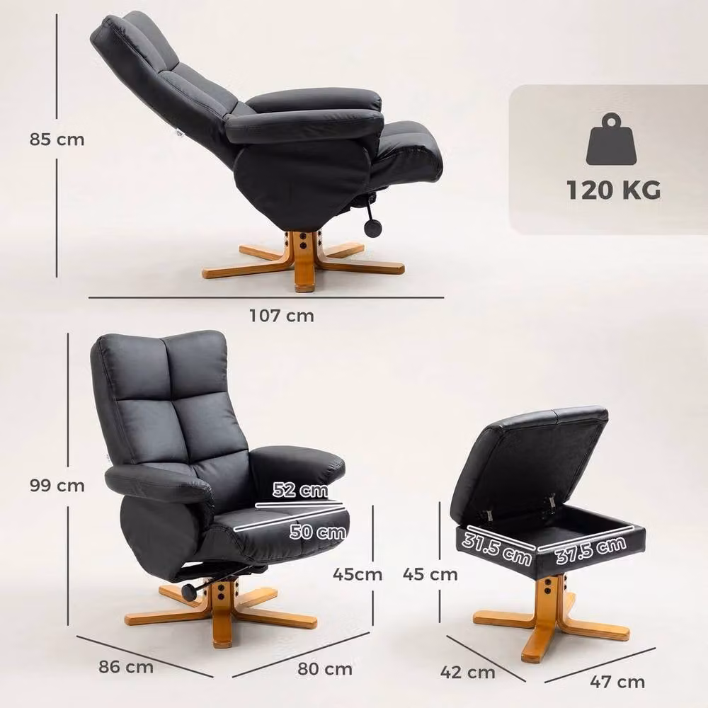 FORGEVIO Black PU Leather Recliner Chair and Footstool with Wooden Base – 2