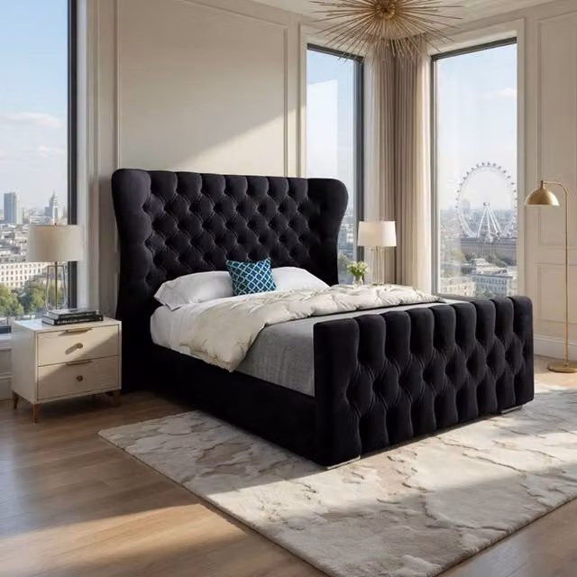 Casani Reydon Small Double Upholstered Velvet Designer Bed Frame in Black, W/D/H: 137 x 120 x 128 cm