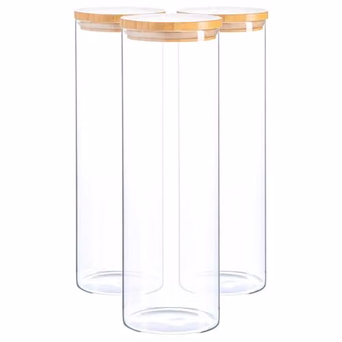 Argon Tableware Scandi Airtight Glass Storage Jars with Wooden Lids, 2 Litre, 3 Pack, Transparent – 1