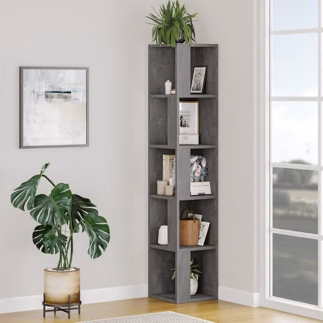Decortie Piano Modern Corner Bookcase Display Unit in Mid Grey, Height: 158.9 cm – 1