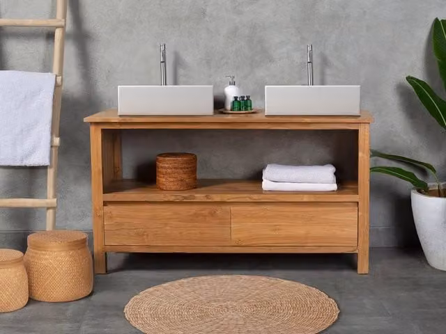 Vente-unique Ketapang Teak Bathroom Unit with Double Washbasin in Light Oak, W: 135 cm