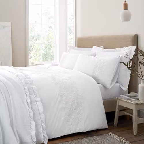 Bianca Floral Embroidery 200 Thread Count Cotton Percale Duvet Cover and Pillowcase Set, White, W/D/H: 180 x 200 cm and 50 x 75 cm – 1
