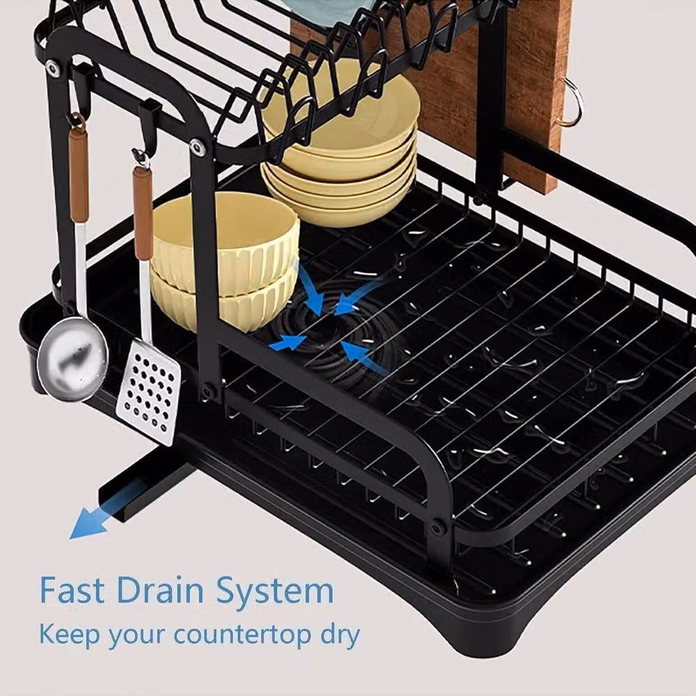 KORVIXA 2 Tier Dish Drainer Rack with Drip Tray and Cutlery Holder, Black – 4
