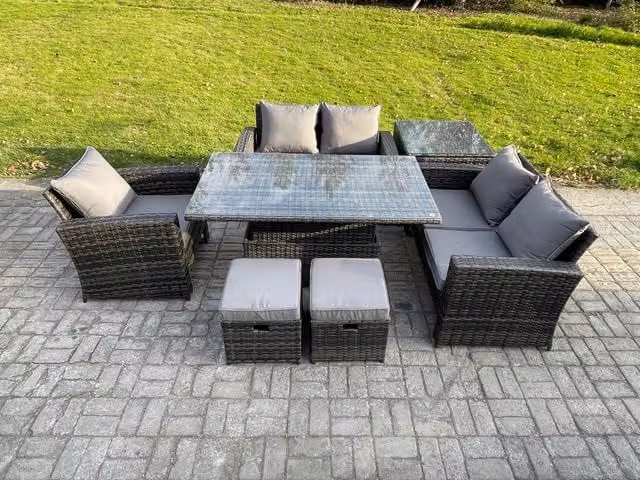 Fimous 7-Piece Rattan Outdoor Garden Furniture Set in Dark Grey with Height Adjustable Lifting Table, Sofa, Side Table and 2 Footstools