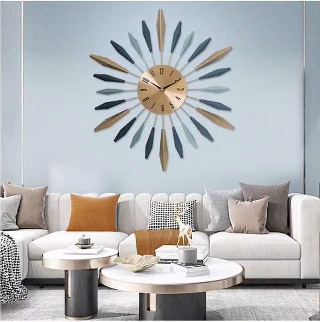 Living and Home Luxury Silent Sunburst Wall Clock in Gold, Diameter: 55 cm