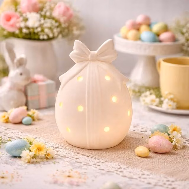 Eggstraordinary Gift Co. White Dotted Ceramic LED Egg Ornament for Easter and Spring Decor – 1