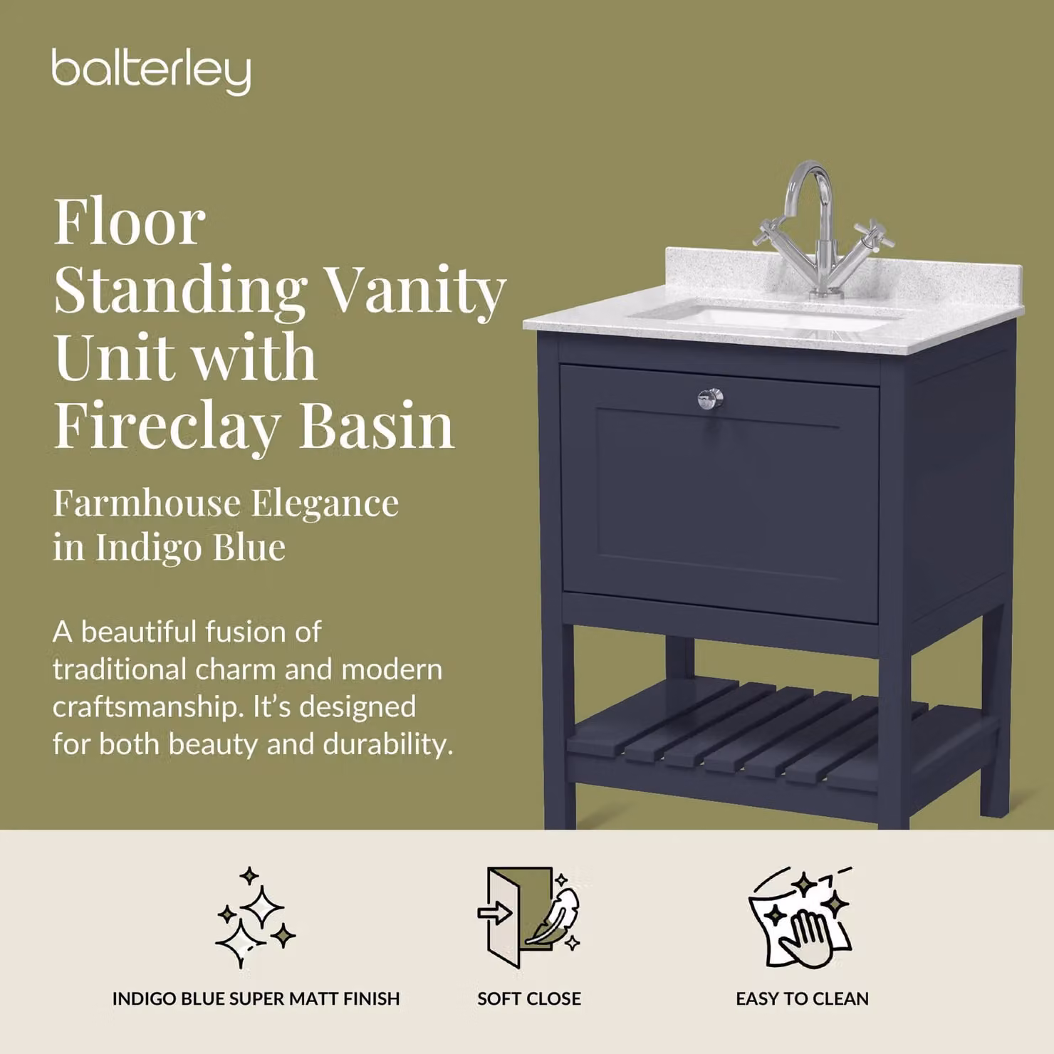 Balterley Freestanding Bathroom Floor Vanity Unit with 1 Drawer and 1 Tap Hole, Indigo Blue and White, W: 60 cm – 2