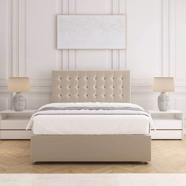 BSSPOKE Isla Divan Bed Set with 24 inch Headboard and Mattress in Beige Plush Velvet, W/D/H: 140 x 200 cm