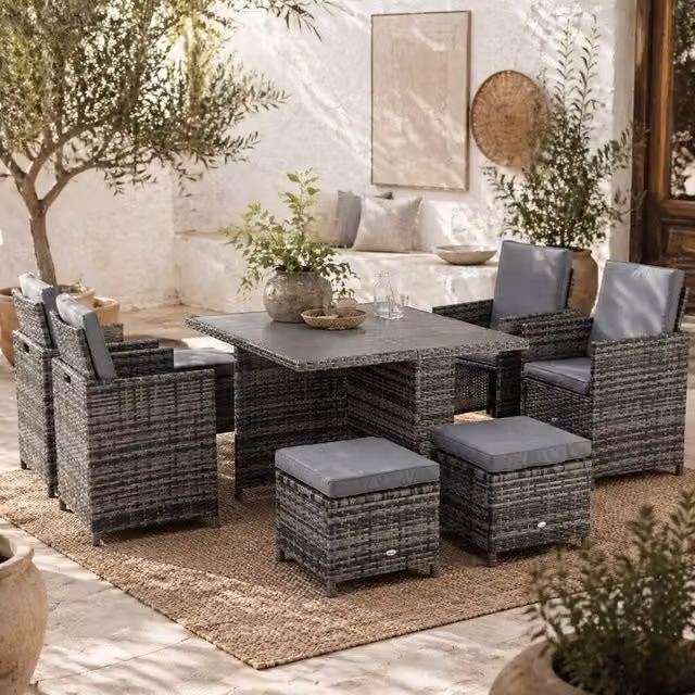 Wyld Haus Noco Grey 9 Piece Rattan Outdoor Dining Set with Square Glass Table