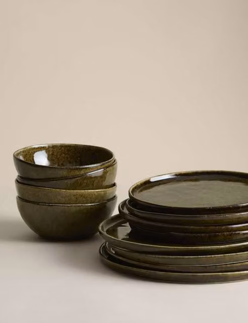 M&S 12 Piece Khaki Stoneware Dinner Set