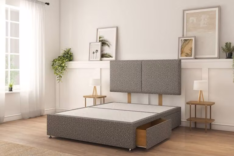 Sloomy Vienna Tweed Divan Bed Set with 4 Drawers, 26 inch Strutted Headboard and 12 inch Matching Footboard, Light Grey, W/D/H: 180 x 200 cm