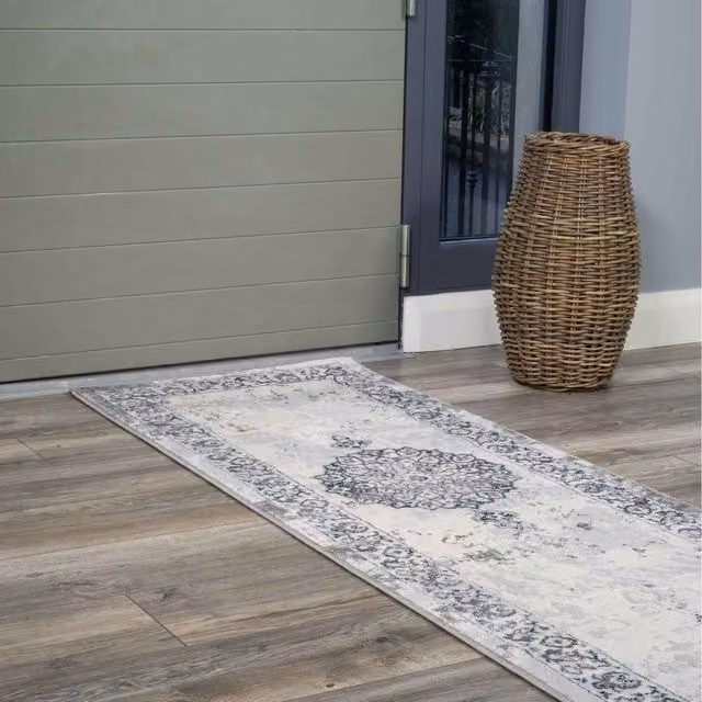 The Rug House Distressed Traditional Medallion Bordered Area Rug in Grey and Blue, W: 240 cm, D: 70 cm