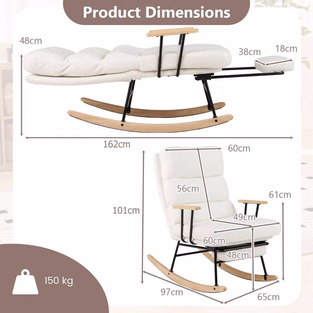 Costway Nursery Rocking Chair in White Teddy Velvet and Bouclé Upholstery with Armrests – 2