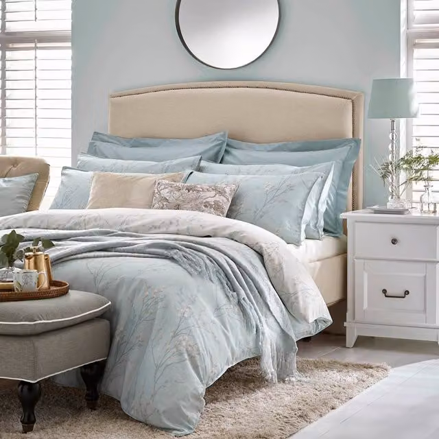 Laura Ashley Pussy Willow Reversible Duckegg Blue Floral Cotton Mako Satin Duvet Cover and Pillowcase Set