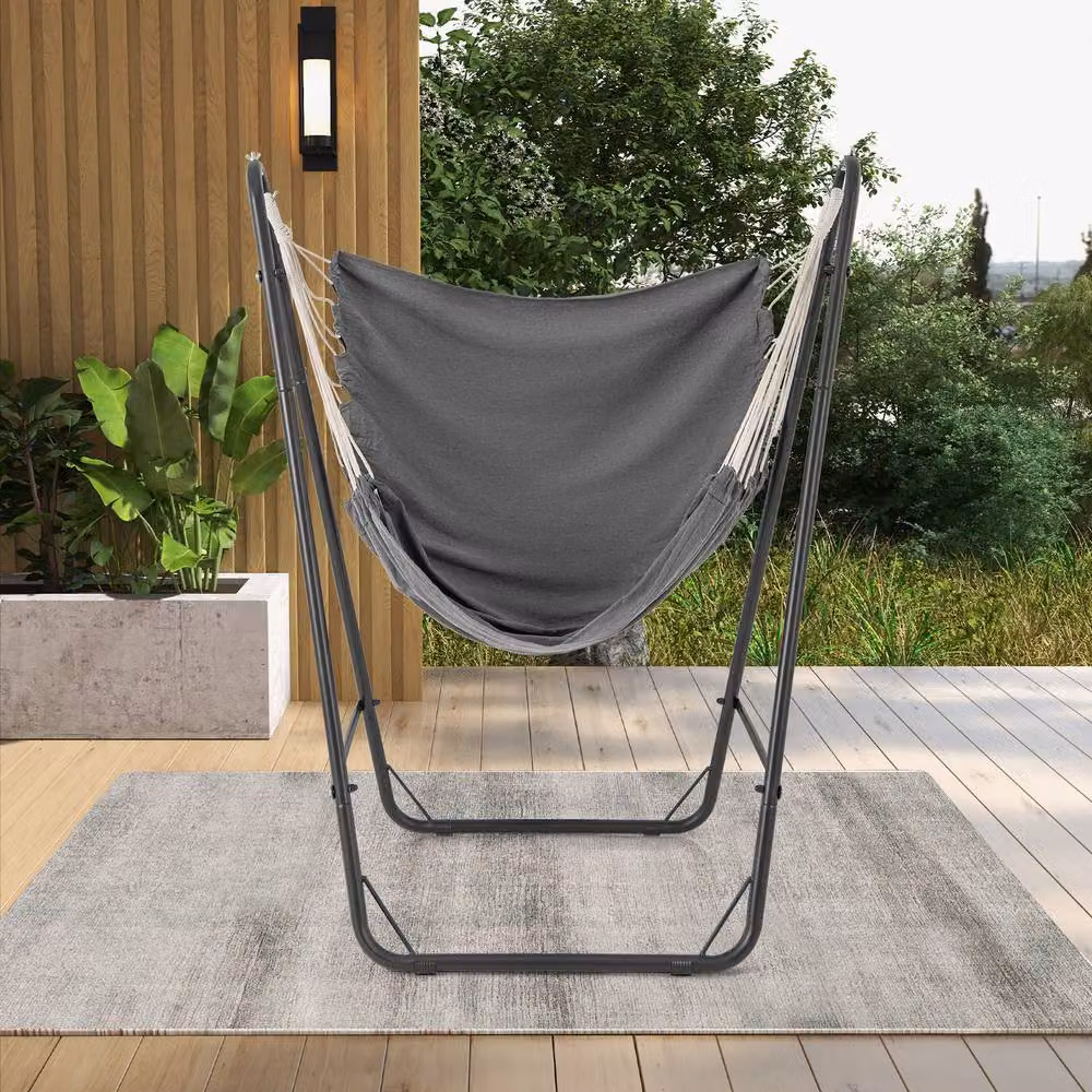 Gymax Hammock Swing Chair with Metal Stand and Side Pocket in Grey – 6