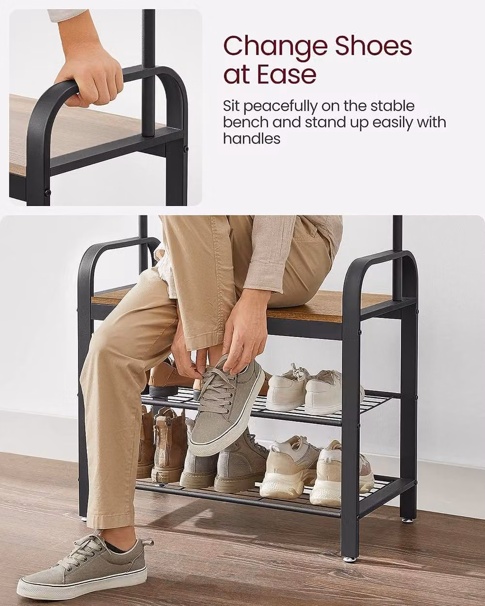 VASAGLE Industrial Hall Tree with Shoe Bench, Hooks and Clothes Rail in Bronze – 4