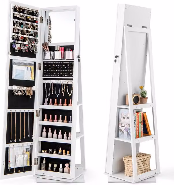 COSTWAY Modern Freestanding Jewelry Organizer with Full Length Mirror and Internal Shelves, White
