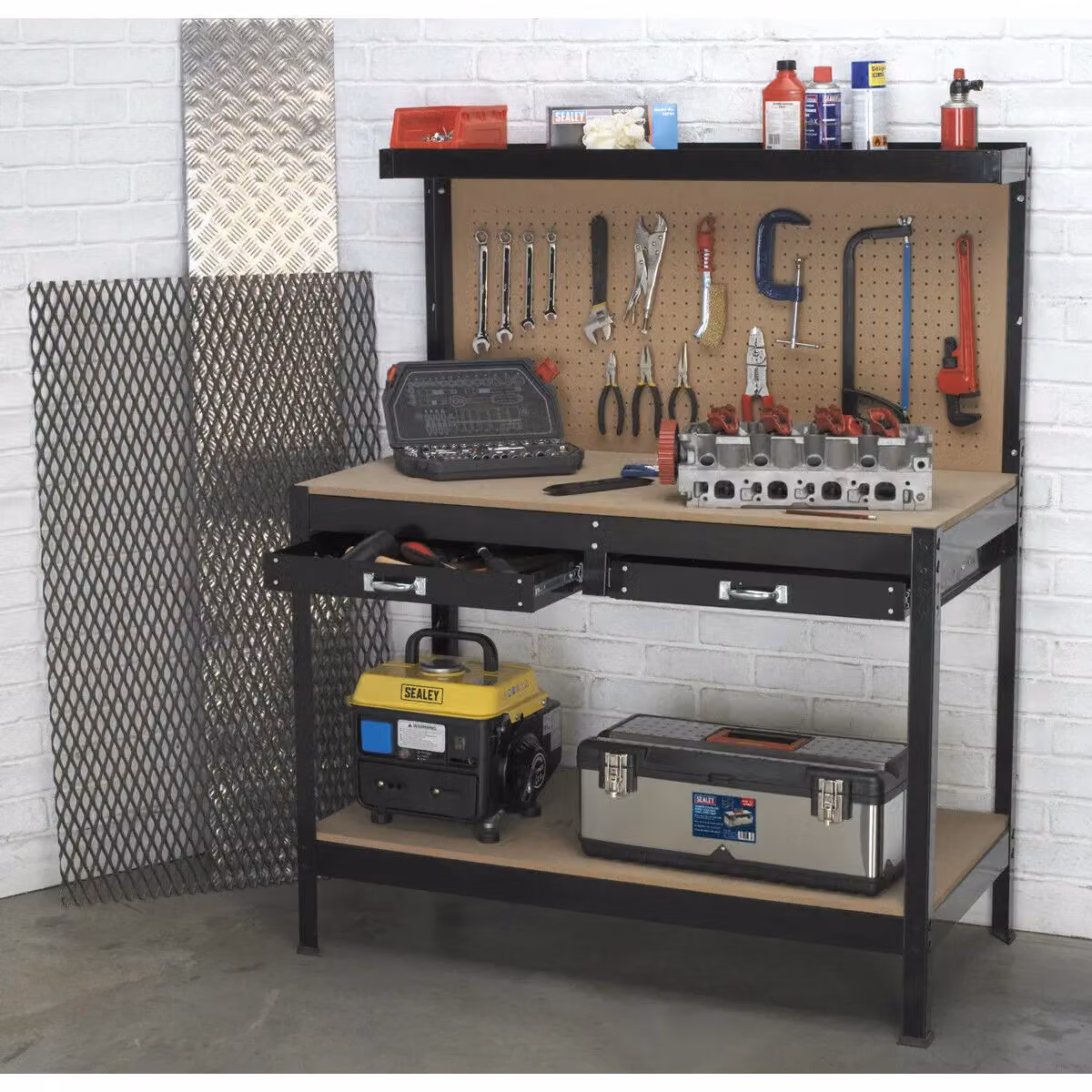 Loops 1.2m Workstation with Rear Panel Pegboard, 2 Drawers and Storage Shelf in Black and Multicolour with MDF Top – 3