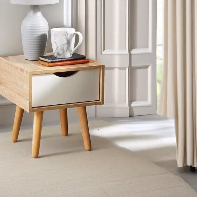 Pirlo Plush Bedside Table with Drawer in Natural Brown Wood