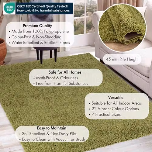 Serdim Rugs Round Plain Green Shaggy Living Room Rug, Diameter: 120 cm – 2