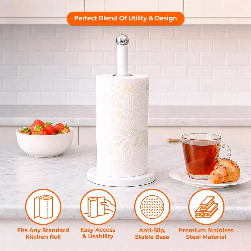 Kelvenix White Kitchen Mug Tree and Paper Towel Holder Set with Non-Slip Stainless Steel Base