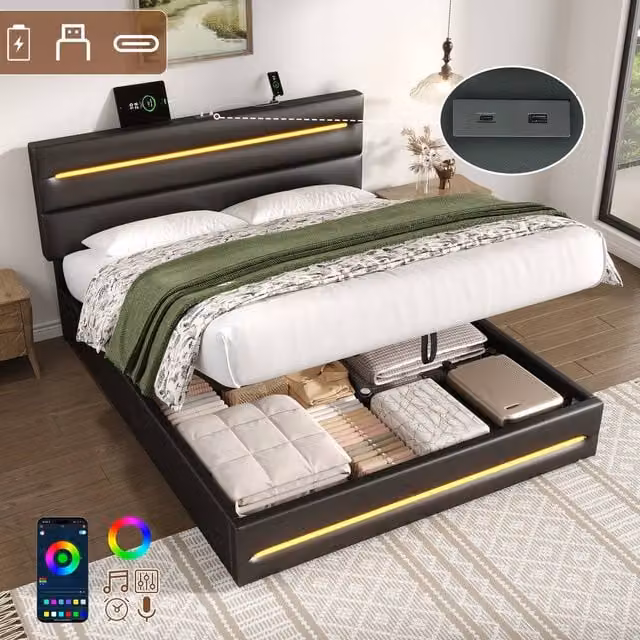 Rolipo Double Upholstered Ottoman Bed Frame in Black with LED Lighting and USB Ports – 1