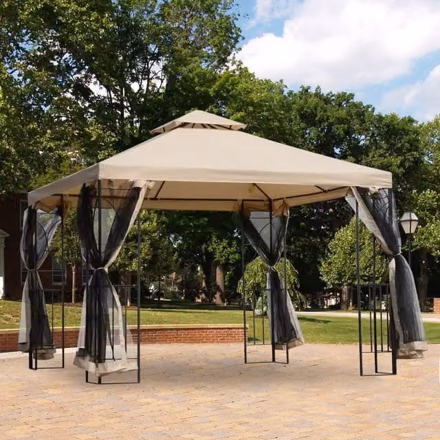 Outsunny Metal Gazebo Patio Pavilion Canopy Tent with Shelving in Beige – 1