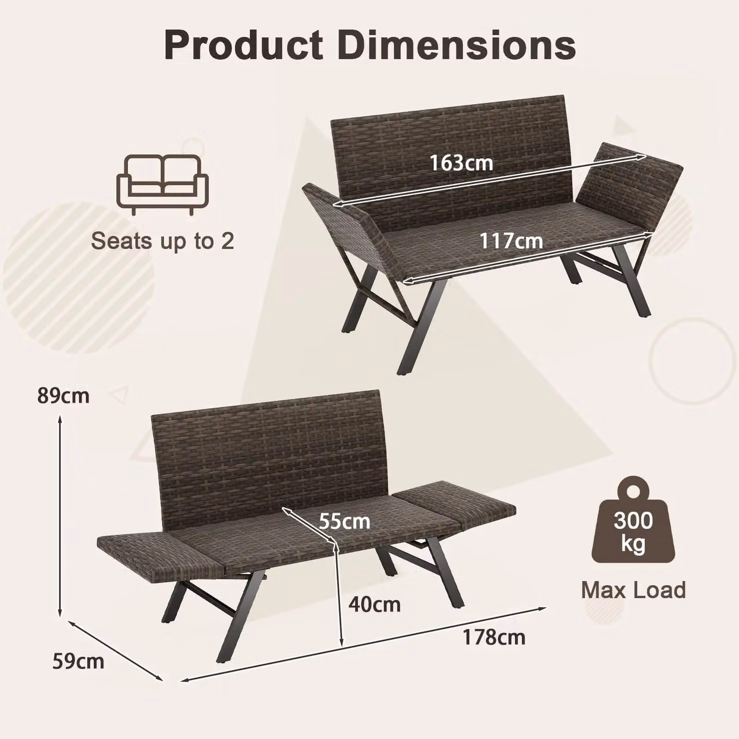 Costway Grey Polyrattan Patio Convertible Sofa for 2 with Quick Dry Foam Padded Cushions and Metal Frame – 2