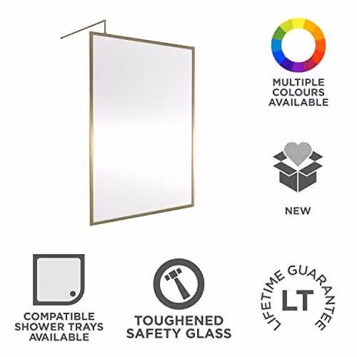 nuie WRFBB1814 Modern Walk-In Wetroom Screen with Support Arm, 8mm Toughened Safety Glass, Clear, Gold/Brushed Brass, W: 140 cm, H: 185 cm