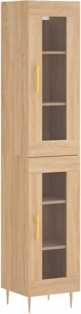 Berkfield Home Sonoma Oak Highboard with Glass Doors in Beige and Brown, W/D/H: 34.5 x 34 x 180 cm