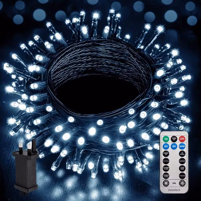 Desiretech LED Waterproof Plug-in String Lights in Cool White with Remote Control, Timer and Dimmer Function