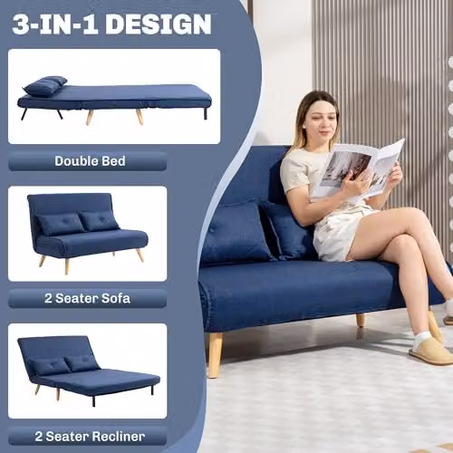 HOMCOM 2 Seater Click Clack Convertible Sofa Bed in Blue – 4