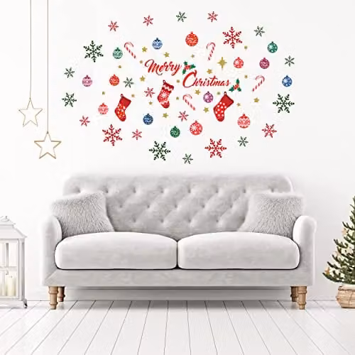 WALPLUS Merry Christmas and Colourful Snowflakes Wall Sticker Decal Set in Multicolour for Living Room and Nursery Decor – 1